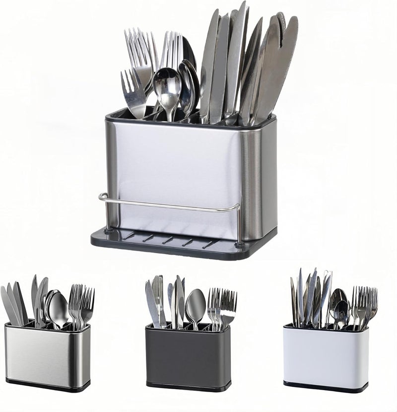 LIBODOUR Utensil Holder,Stainless Steel Caddy Counter,Spoon holder,4 Compartments Silverware Caddy,Capacity Flatware Spoon Fork Tool Cutlery Holder - Image 1